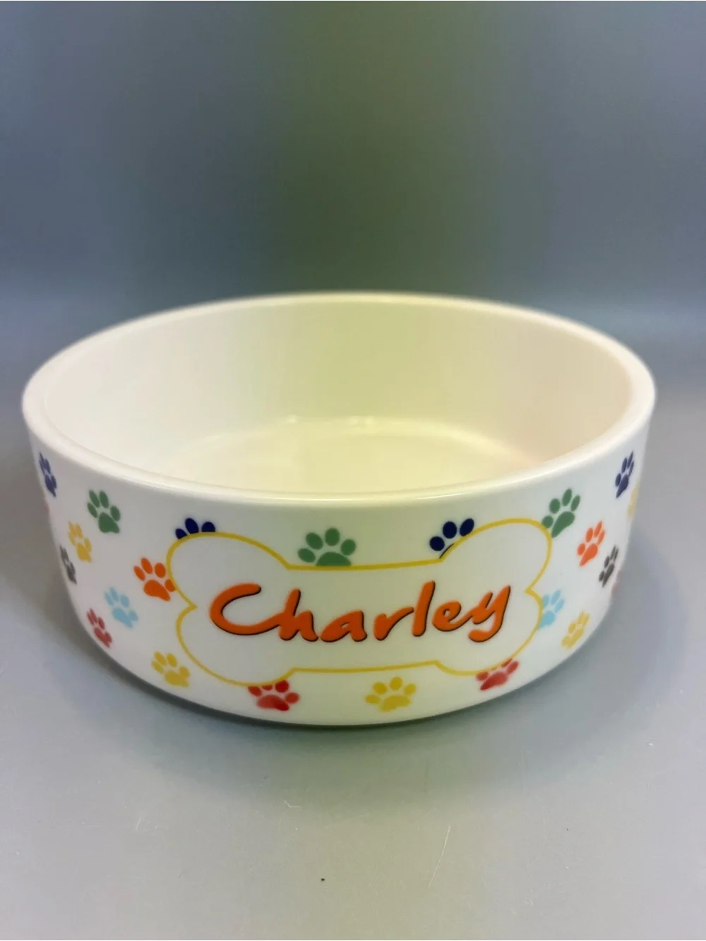 Personalized Heavy Ceramic Dog Bowl For Charley Colorful Cute Paw Prints